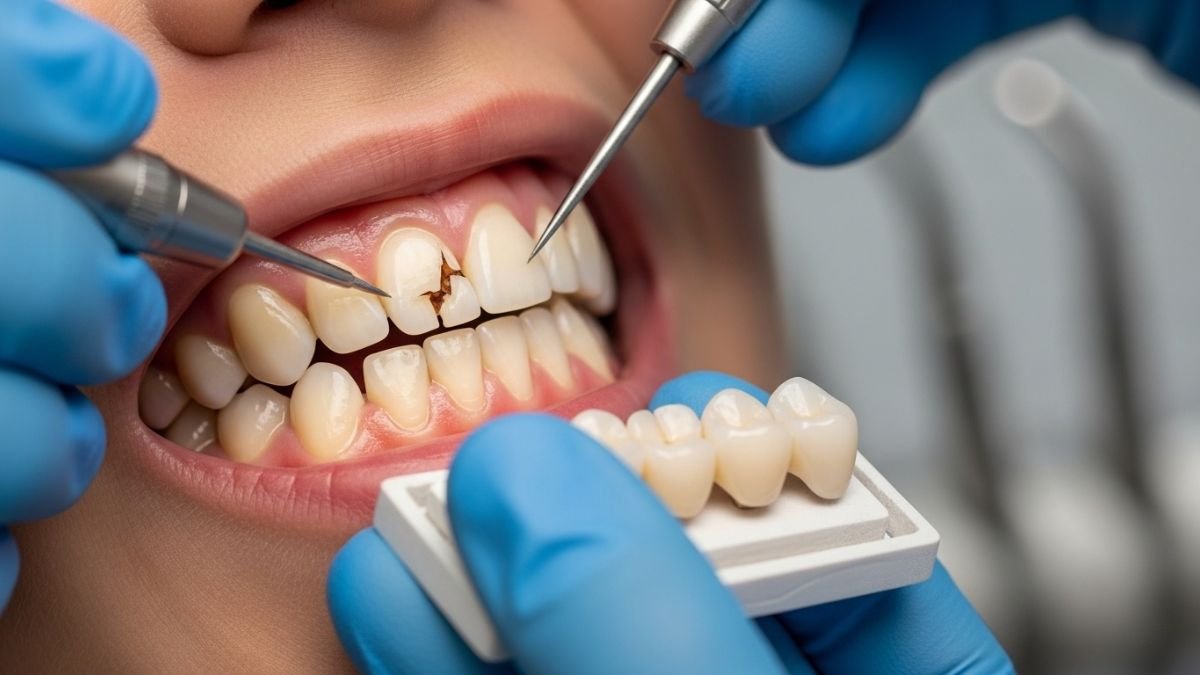 Dental crown restoration for a damaged tooth